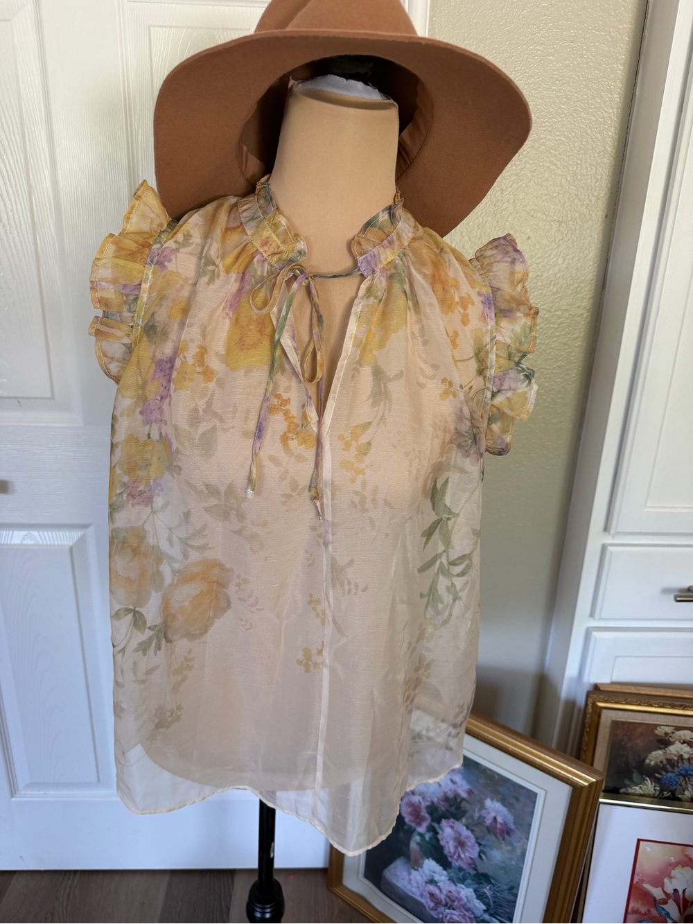 Sheer Floral Ruffle Sleeve Blouse - Cream Yellow